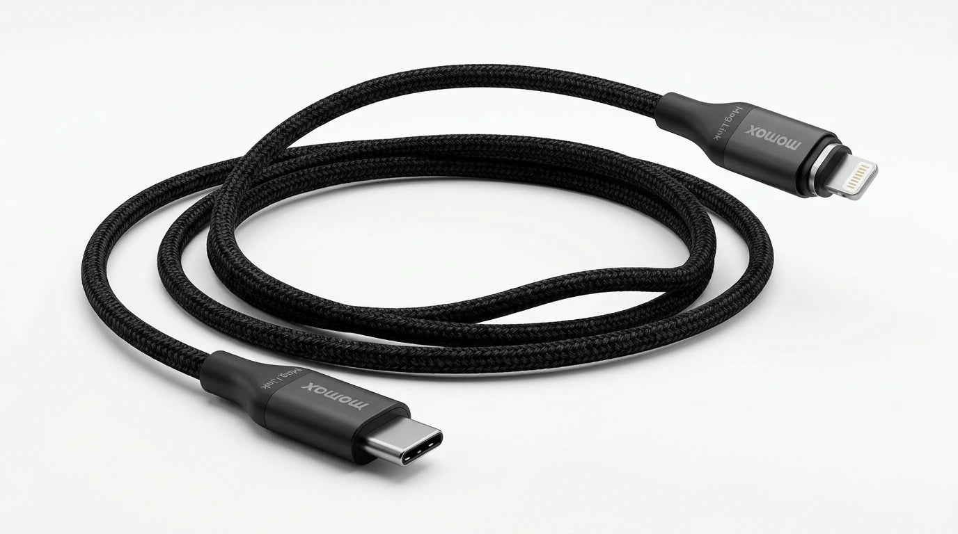 next gen electronics shop. buy electronics online Canada. Momax Mag.Link Usb-C To Lightning Magnetic Cable 2M. Gallery image 8. Lines name one specific SKU—never substitute a generic lookalike from the category. After review passes, each render should still read as a fresh studio viewpoint of that same physical unit.