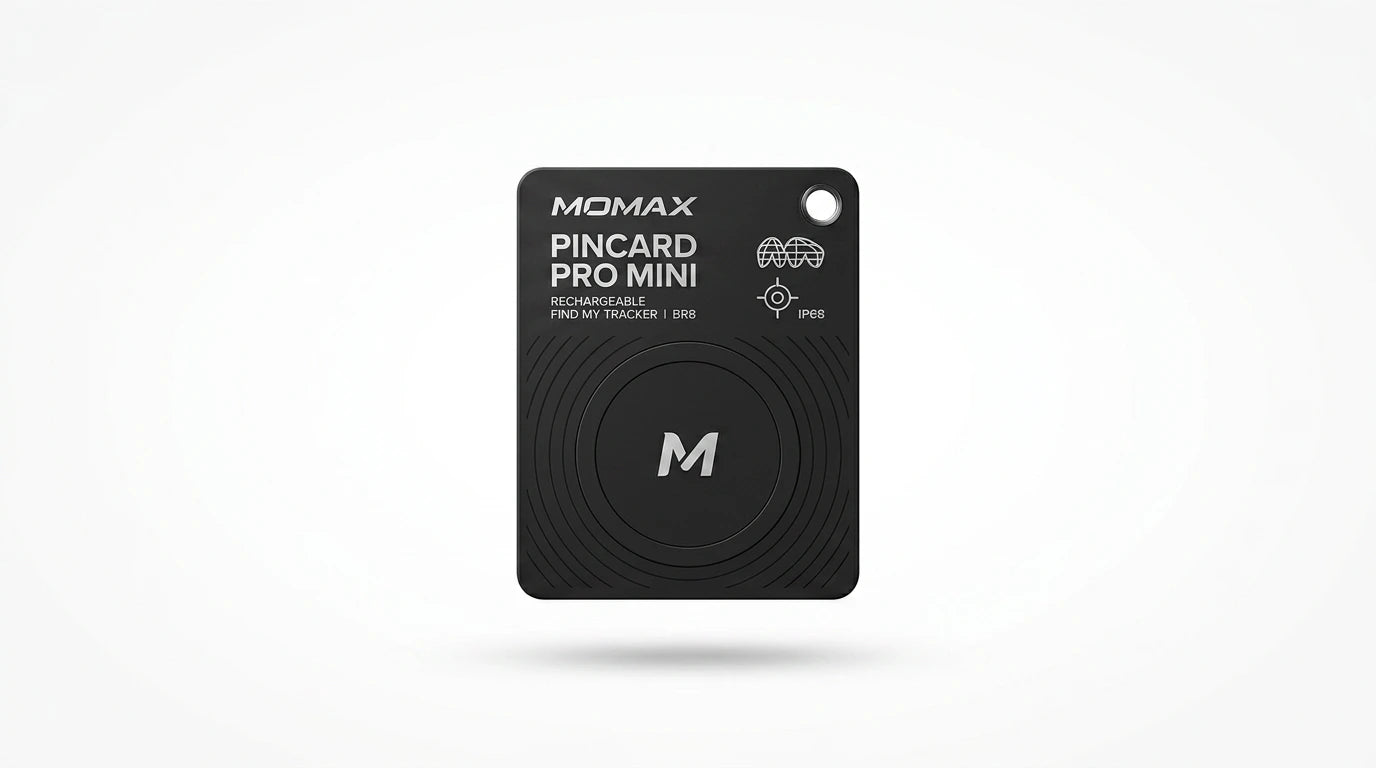 future tech gadgets Canada. smart tech store Canada. Momax Pincard Pro Mini Rechargeable Find My Tracker. Gallery image 10. Lines name one specific SKU—never substitute a generic lookalike from the category. After review passes, each render should still read as a fresh studio viewpoint of that same physical unit.