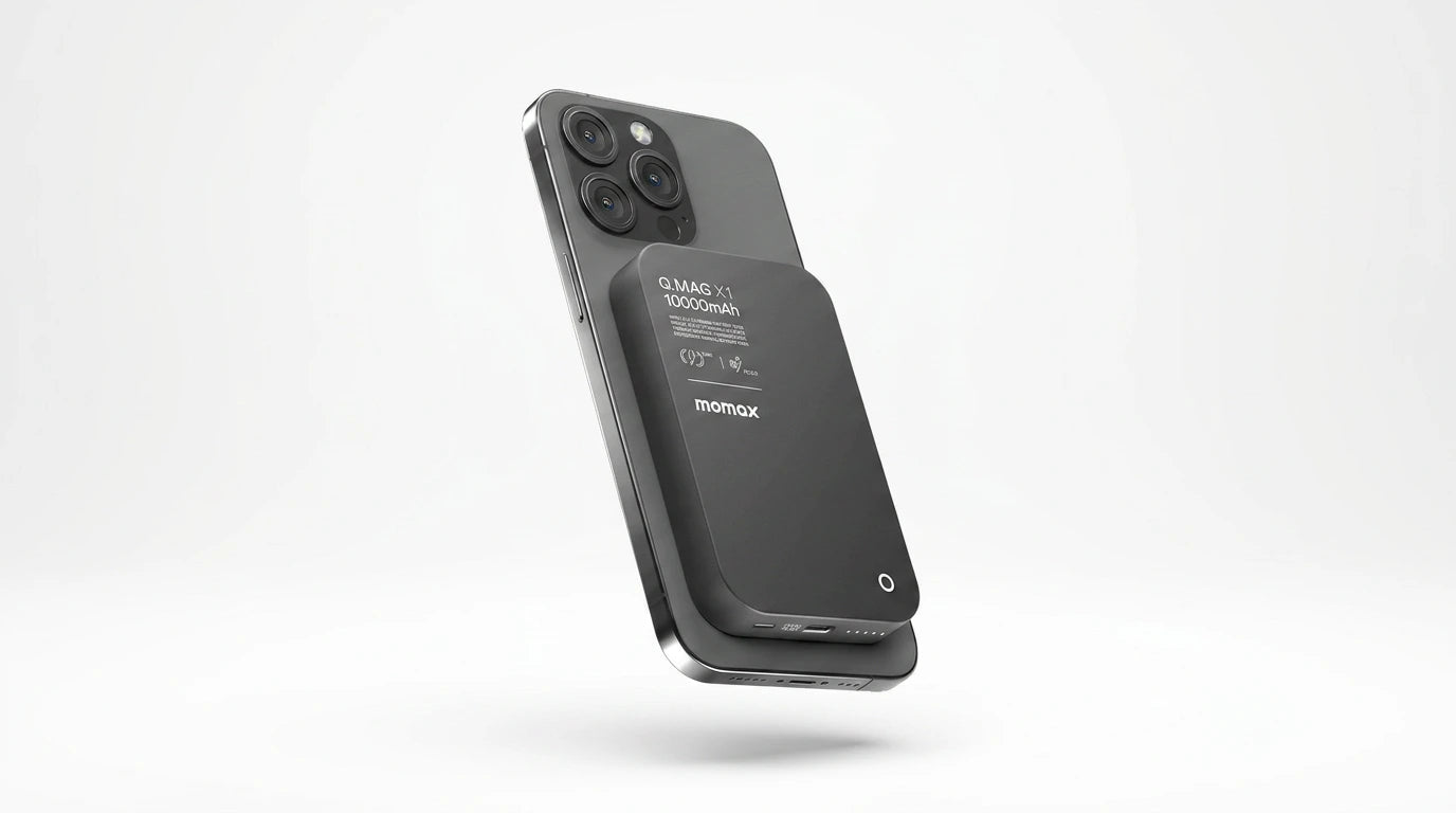premium tech accessories Canada. wireless audio Canada. Momax Q.Mag X1 10000mAh Wireless Battery Pack. Gallery image 7. Lines name one specific SKU—never substitute a generic lookalike from the category. After review passes, each render should still read as a fresh studio viewpoint of that same physical unit.