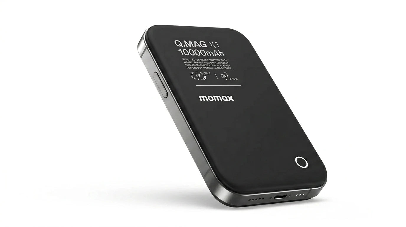 premium tech accessories Canada. wireless audio Canada. Momax Q.Mag X1 10000mAh Wireless Battery Pack. Gallery image 8. Lines name one specific SKU—never substitute a generic lookalike from the category. After review passes, each render should still read as a fresh studio viewpoint of that same physical unit.