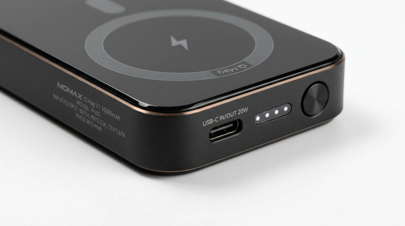 premium tech accessories Canada. wireless audio Canada. Momax Q.Mag X1 10000mAh Wireless Battery Pack. Gallery image 9. Lines name one specific SKU—never substitute a generic lookalike from the category. After review passes, each render should still read as a fresh studio viewpoint of that same physical unit.