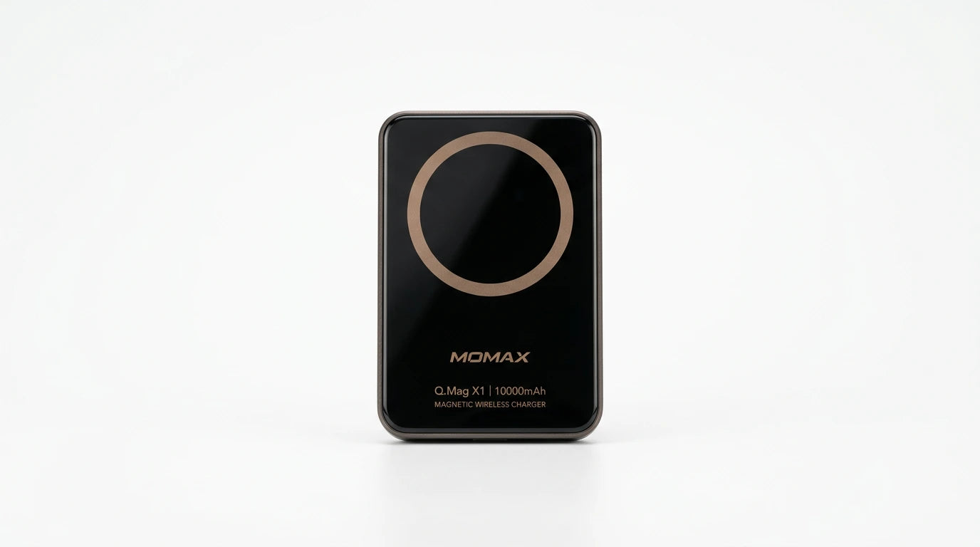 premium tech accessories Canada. wireless audio Canada. Momax Q.Mag X1 10000mAh Wireless Battery Pack. Gallery image 10. Lines name one specific SKU—never substitute a generic lookalike from the category. After review passes, each render should still read as a fresh studio viewpoint of that same physical unit.