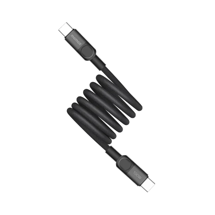 Momax Mag.Link 100W USB-C to USB-C Cable featuring PD 3.0 fast charging, QC 3.0 support, E-Marker chip, magnetic winding design, 1m length, and durable braided nylon build for laptops, tablets, phones, and USB-C devices.