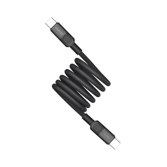 Momax Mag.Link 100W USB-C to USB-C Cable featuring PD 3.0 fast charging, QC 3.0 support, E-Marker chip, magnetic winding design, 1m length, and durable braided nylon build for laptops, tablets, phones, and USB-C devices.