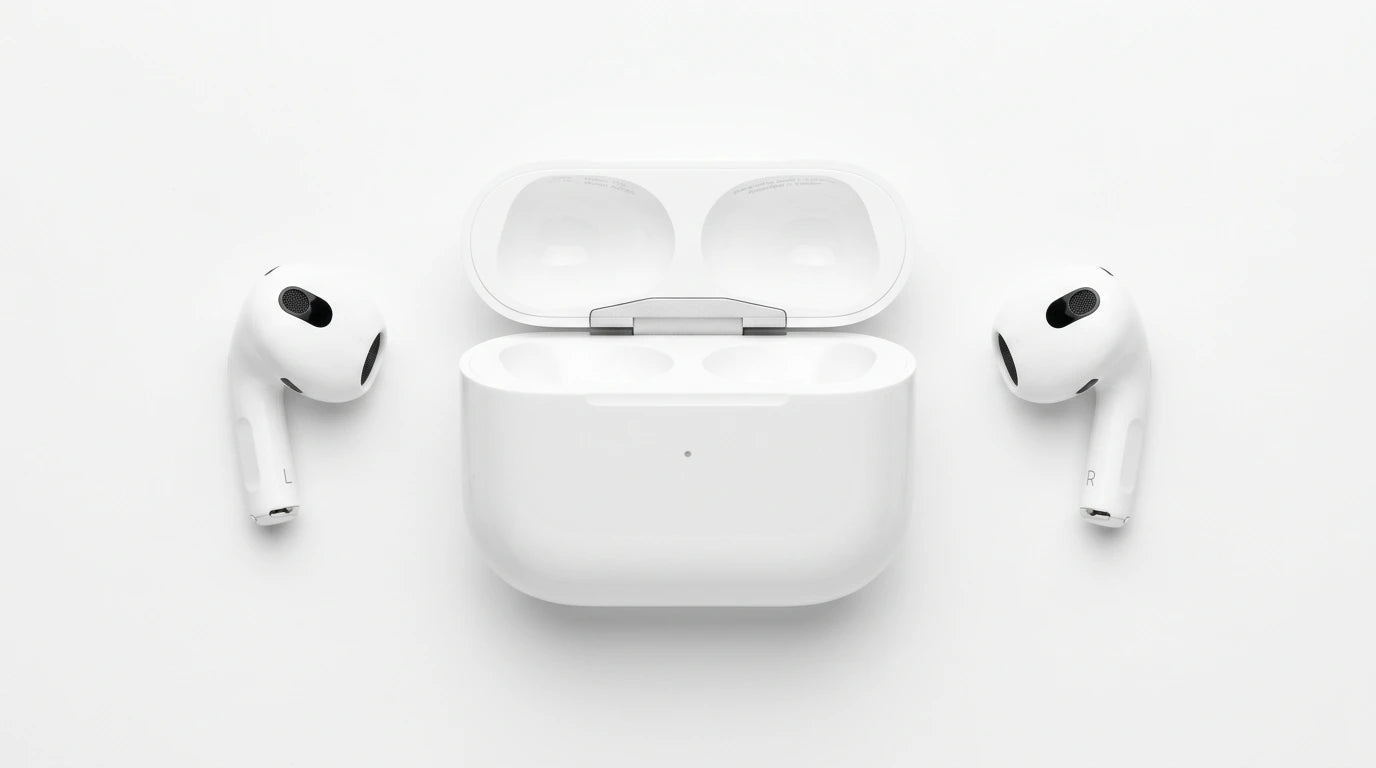 next gen electronics shop. premium tech accessories Canada. New Apple Original AirPods 3 Gen. Gallery image 4. Lines name one specific SKU—never substitute a generic lookalike from the category. After review passes, each render should still read as a fresh studio viewpoint of that same physical unit.
