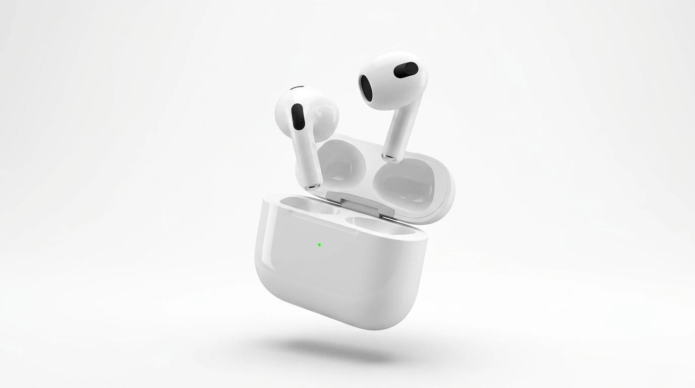 next gen electronics shop. premium tech accessories Canada. New Apple Original AirPods 3 Gen. Gallery image 7. Lines name one specific SKU—never substitute a generic lookalike from the category. After review passes, each render should still read as a fresh studio viewpoint of that same physical unit.