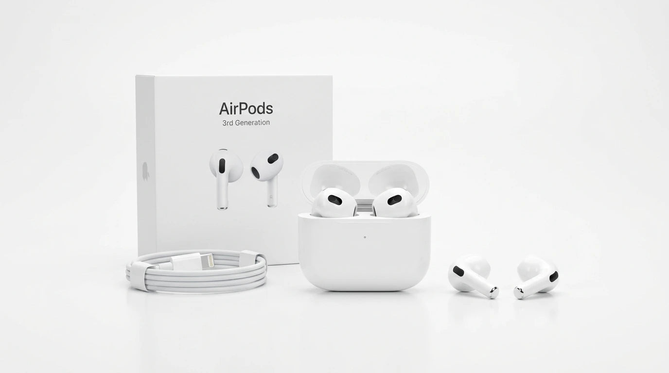 next gen electronics shop. premium tech accessories Canada. New Apple Original AirPods 3 Gen. Gallery image 10. Lines name one specific SKU—never substitute a generic lookalike from the category. After review passes, each render should still read as a fresh studio viewpoint of that same physical unit.