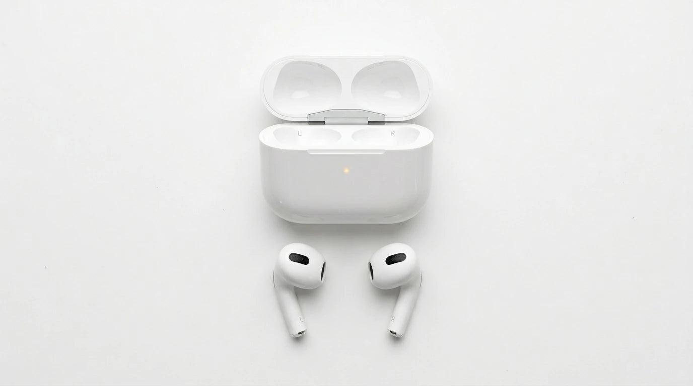 next gen electronics shop. premium tech accessories Canada. New Apple Original AirPods 4 Gen. Gallery image 4. Lines name one specific SKU—never substitute a generic lookalike from the category. After review passes, each render should still read as a fresh studio viewpoint of that same physical unit.