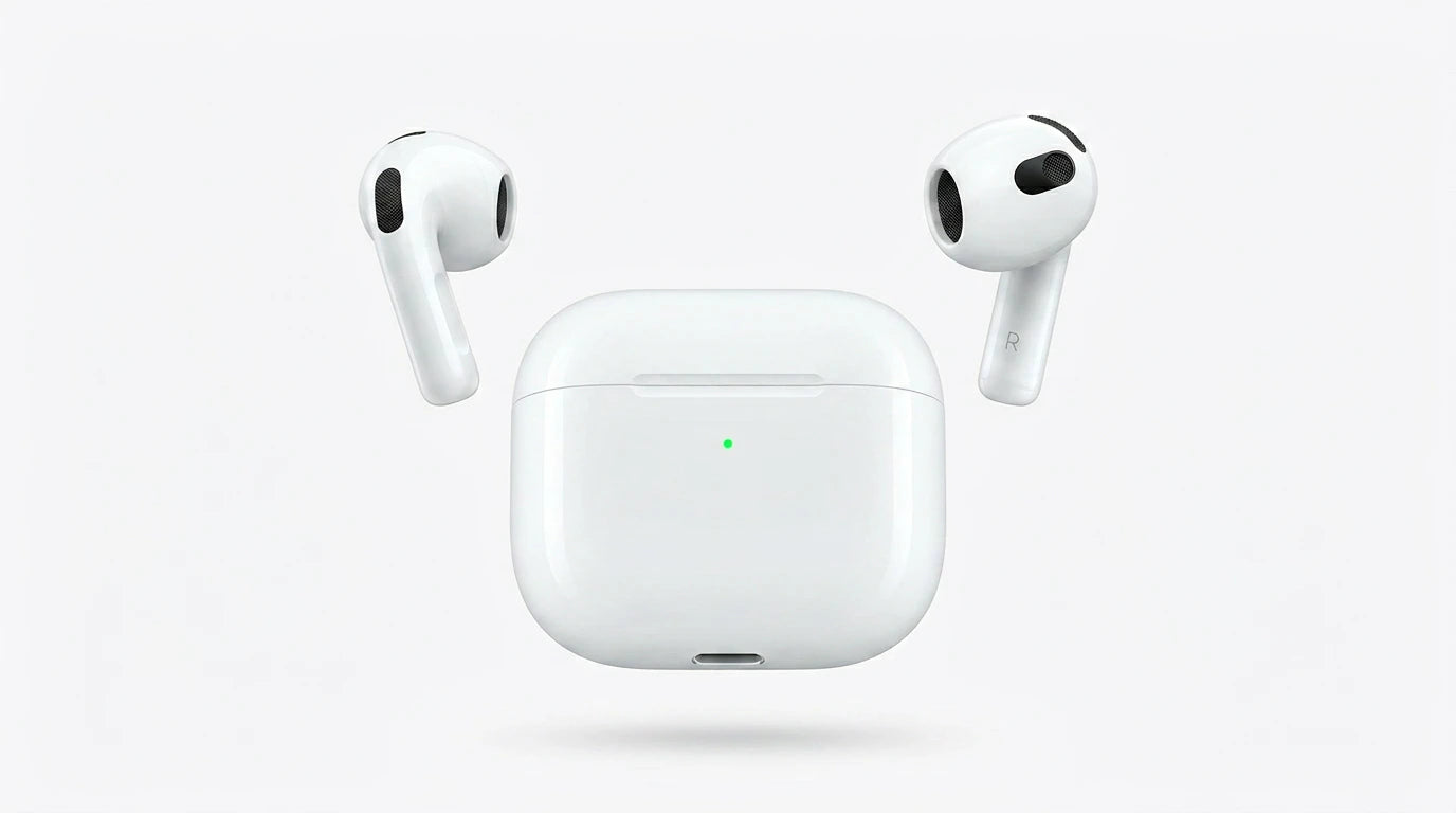 next gen electronics shop. premium tech accessories Canada. New Apple Original AirPods 4 Gen. Gallery image 7. Lines name one specific SKU—never substitute a generic lookalike from the category. After review passes, each render should still read as a fresh studio viewpoint of that same physical unit.