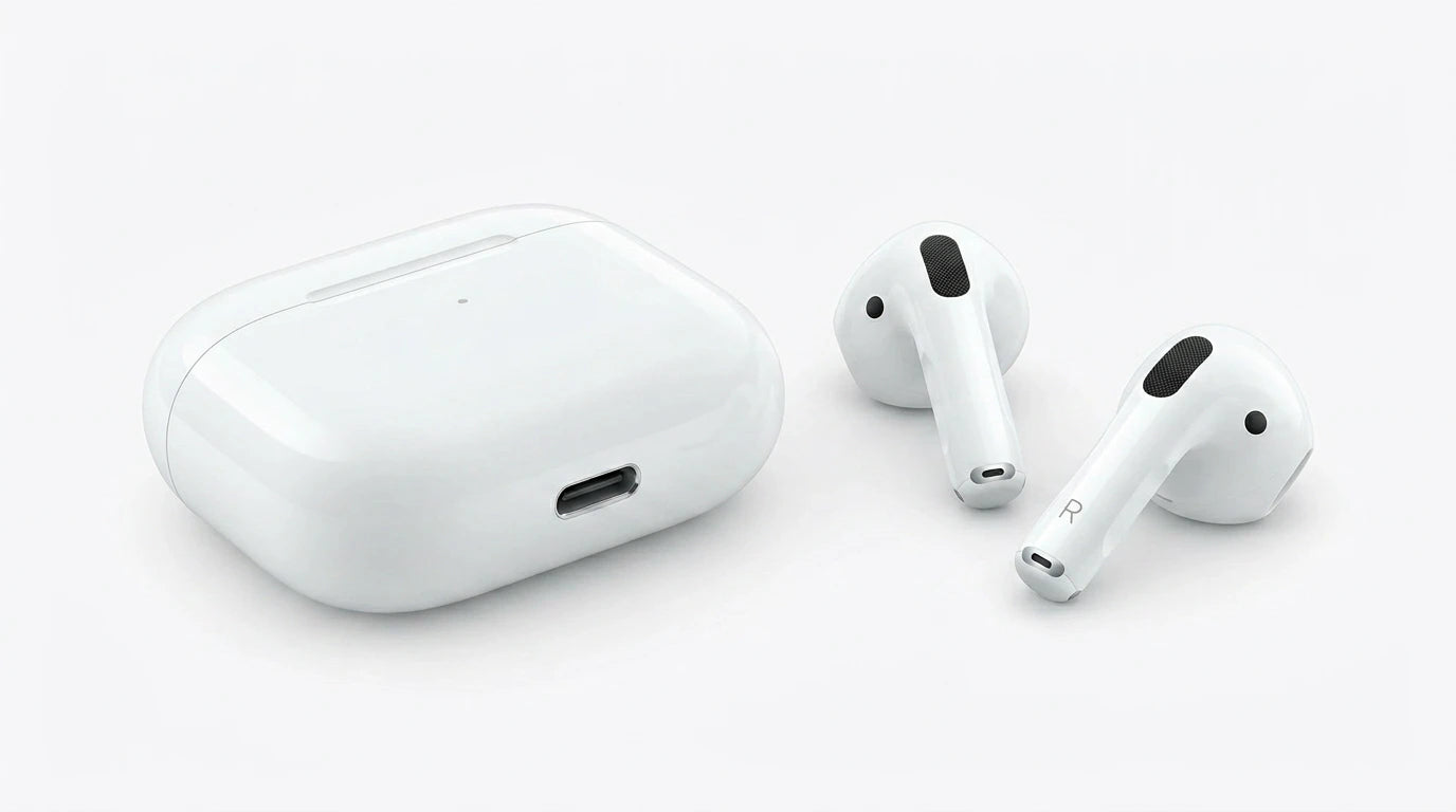 next gen electronics shop. premium tech accessories Canada. New Apple Original AirPods 4 Gen. Gallery image 8. Lines name one specific SKU—never substitute a generic lookalike from the category. After review passes, each render should still read as a fresh studio viewpoint of that same physical unit.