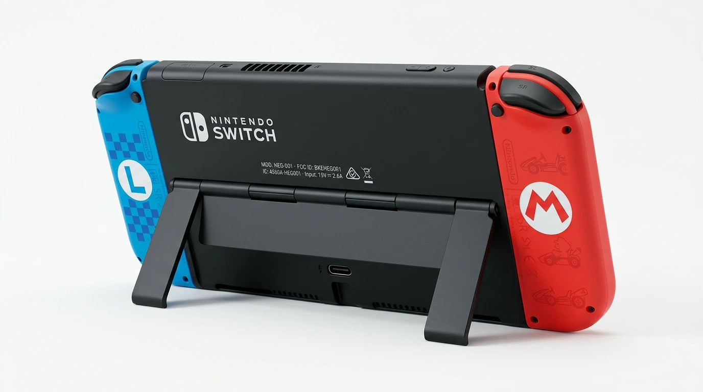 cutting edge electronics online Canada. buy electronics online Canada. New Nintendo Switch OLED Mario kart Deluxe Edition. Gallery image 6. Lines name one specific SKU—never substitute a generic lookalike from the category. After review passes, each render should still read as a fresh studio viewpoint of that same physical unit.