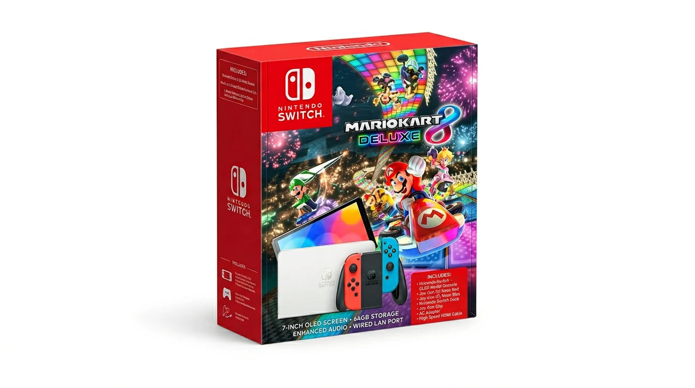 cutting edge electronics online Canada. buy electronics online Canada. New Nintendo Switch OLED Mario kart Deluxe Edition. Gallery image 7. Lines name one specific SKU—never substitute a generic lookalike from the category. After review passes, each render should still read as a fresh studio viewpoint of that same physical unit.