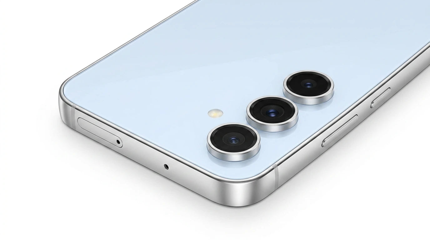 future tech gadgets Canada. smart tech store Canada. Premium Samsung Galaxy S24 FE. Gallery image 6. The smartphone is positioned at an angle, showcasing its sleek design with a light blue glossy back and a silver metallic edge. Three circular camera lenses are prominently displayed on the upper left corner, accompanied by a small flash. The device rests on a smooth white surface, with soft lighting highlighting its reflective surfaces and creating gentle shadows.