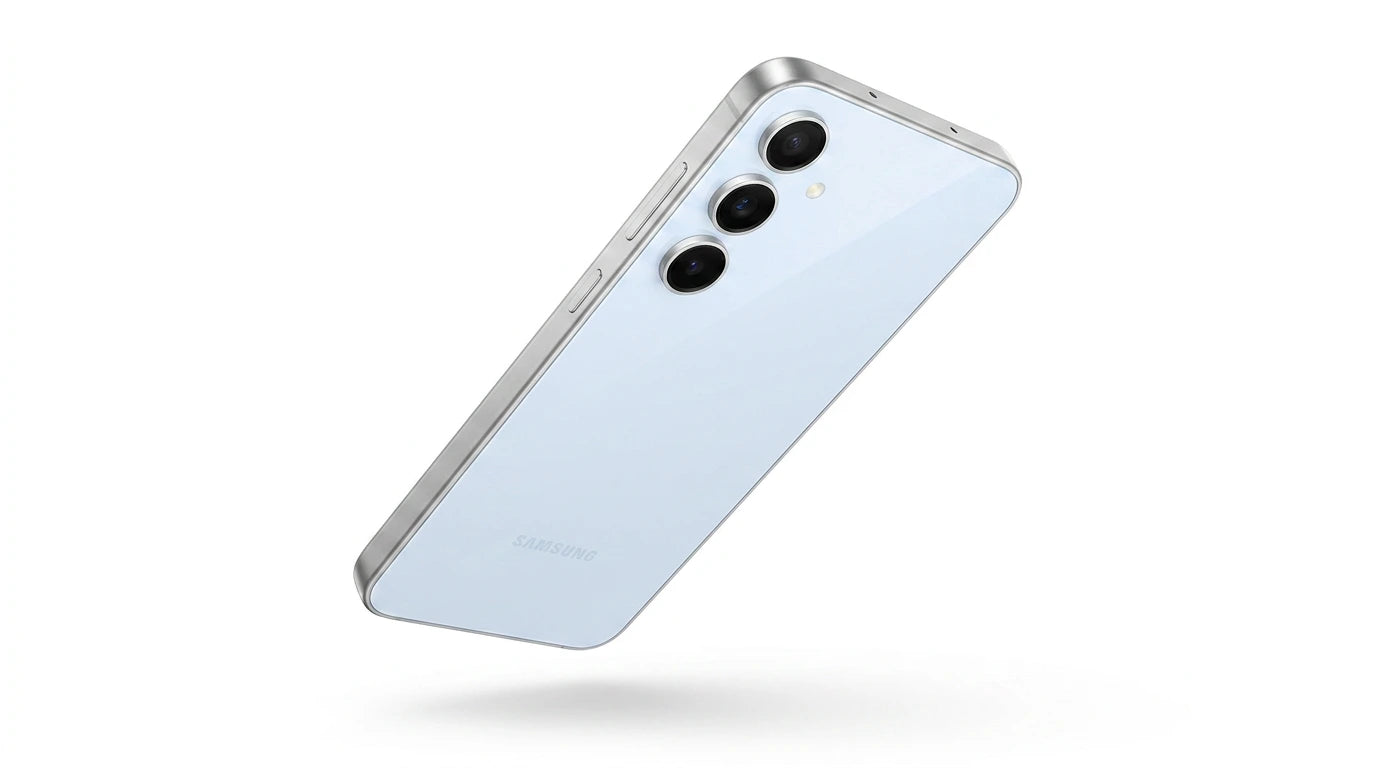future tech gadgets Canada. smart tech store Canada. Premium Samsung Galaxy S24 FE. Gallery image 7. The smartphone is shown at a slight angle, floating against a seamless white background. Its glossy light blue back reflects soft lighting, highlighting the smooth surface. Three circular camera lenses are visible in the upper left corner, accompanied by a small flash. The device features a silver trim along the edges, with a power button and volume controls located on the right side.