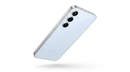 future tech gadgets Canada. smart tech store Canada. Premium Samsung Galaxy S24 FE. Gallery image 7. The smartphone is shown at a slight angle, floating against a seamless white background. Its glossy light blue back reflects soft lighting, highlighting the smooth surface. Three circular camera lenses are visible in the upper left corner, accompanied by a small flash. The device features a silver trim along the edges, with a power button and volume controls located on the right side.