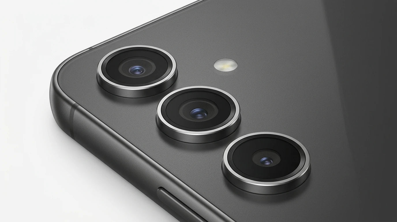future tech gadgets Canada. smart tech store Canada. Premium Samsung Galaxy S24 FE. Gallery image 9. The image features a close-up view of a smartphone's rear camera module, positioned in the bottom right corner of the frame. The camera lenses are arranged in a triangular formation, each encircled by a silver ring, set against a matte black surface that reflects soft light. A small LED flash is located above the lenses.