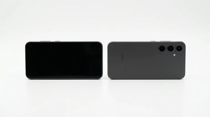 future tech gadgets Canada. smart tech store Canada. Premium Samsung Galaxy S24 FE. Gallery image 10. A sleek smartphone is positioned at an angle, with its front face on the left displaying a black screen, and the back on the right showcasing a dark gray finish. The back features three circular camera lenses arranged vertically, along with a small flash. The background is a seamless white, enhancing the product's modern design.