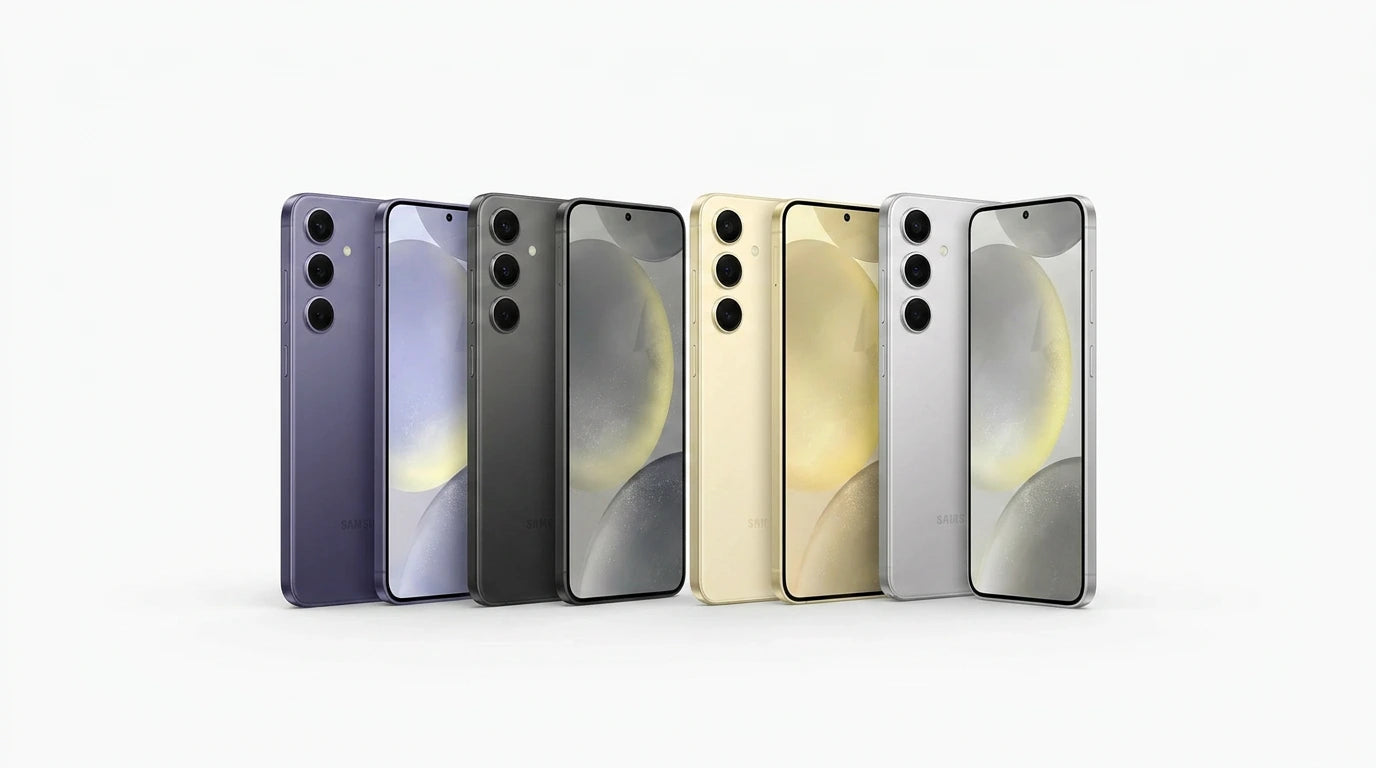 smart tech store Canada. premium tech accessories Canada. Premium Samsung Galaxy S24 Plus. Gallery image 10. Four smartphones are arranged in a row against a seamless white background, showcasing different colors: deep purple, black, gold, and silver. Each phone is angled slightly to reveal their screens, which display a soft gradient. The devices feature three circular camera lenses on the back, with the brand name "SAMSUNG" visible on the purple and black models.