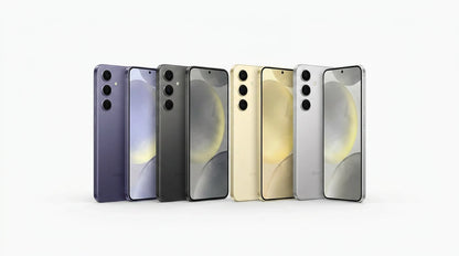 smart tech store Canada. premium tech accessories Canada. Premium Samsung Galaxy S24 Plus. Gallery image 10. Four smartphones are arranged in a row against a seamless white background, showcasing different colors: deep purple, black, gold, and silver. Each phone is angled slightly to reveal their screens, which display a soft gradient. The devices feature three circular camera lenses on the back, with the brand name "SAMSUNG" visible on the purple and black models.