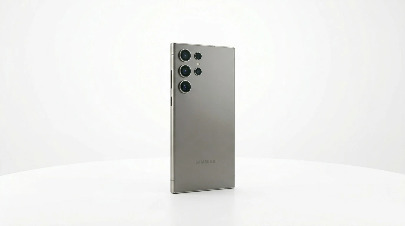 smart tech store Canada. next gen electronics shop. Premium Samsung Galaxy S24 Ultra. Gallery image 10. The smartphone is positioned at a slight angle, showcasing its sleek, matte silver back. It is centered against a seamless white background, which enhances its modern design. The camera module features three circular lenses, prominently displayed on the upper left side, with a small flash nearby. The Samsung logo is visible near the bottom of the device.