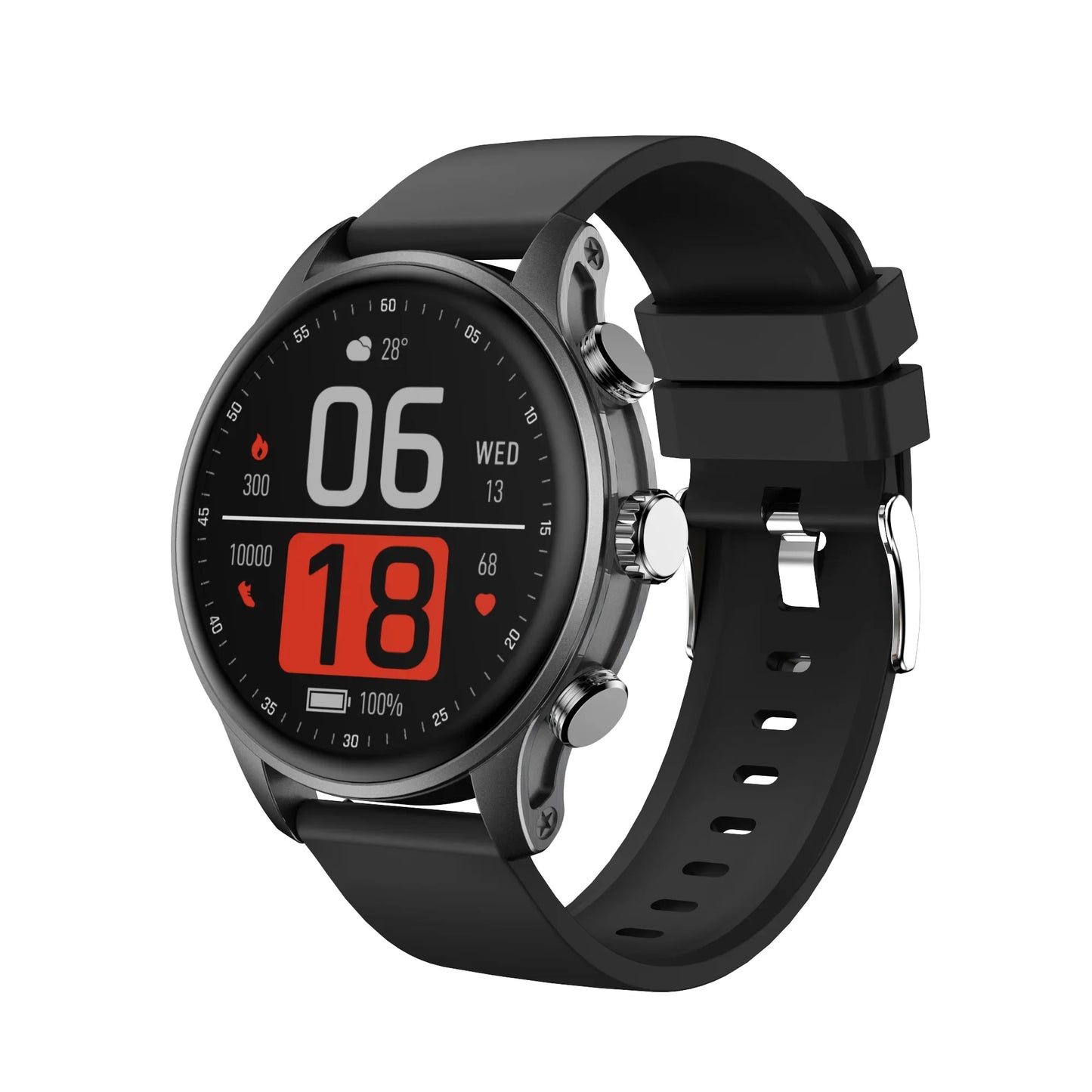 future tech gadgets Canada. smart tech store Canada. Techtron FAMO63 Fashion Smart Watch. Gallery image 1. The smartwatch is positioned at a slight angle, showcasing its round face and black silicone strap. The display features a dark background with large, bold red numbers indicating the time (06:18) and date (Wednesday, 13). Additional metrics, including heart rate and steps, are displayed in smaller text.