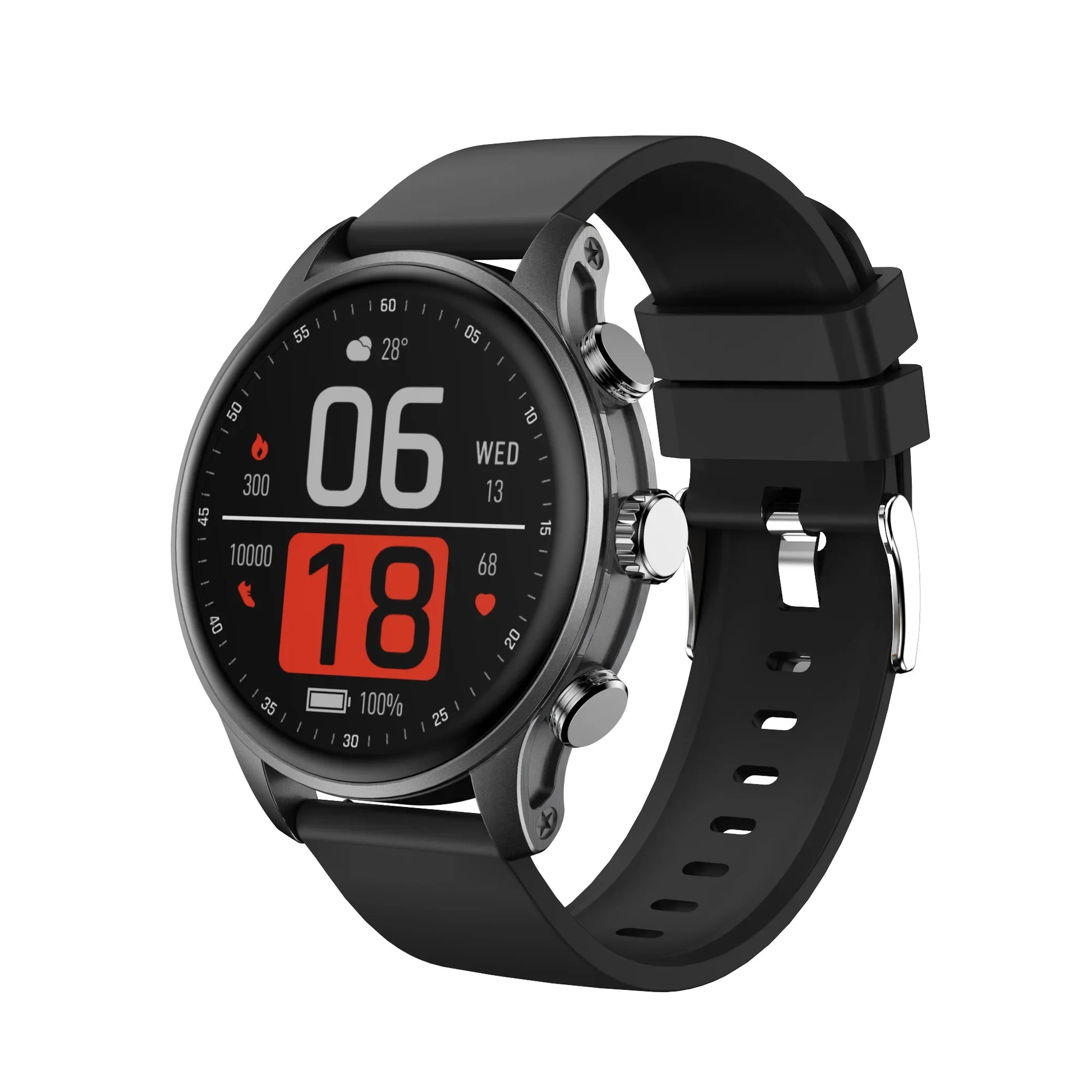 future tech gadgets Canada. smart tech store Canada. Techtron FAMO63 Fashion Smart Watch. Gallery image 1. The smartwatch is positioned at a slight angle, showcasing its round face and black silicone strap. The display features a dark background with large, bold red numbers indicating the time (06:18) and date (Wednesday, 13). Additional metrics, including heart rate and steps, are displayed in smaller text.