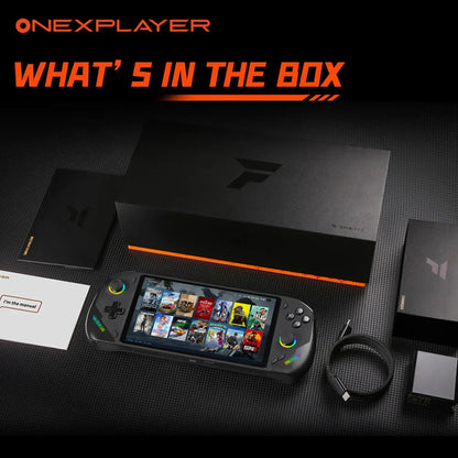 future tech gadgets Canada. smart tech store Canada. ONEXPLAYER OneXFly F1 Pro 2TB OLED 144Hz Ultimate Gaming Handheld Console. Gallery image 1. A handheld gaming device is prominently displayed in the center, featuring a black body with colorful accent buttons. The screen shows a grid of game titles.
