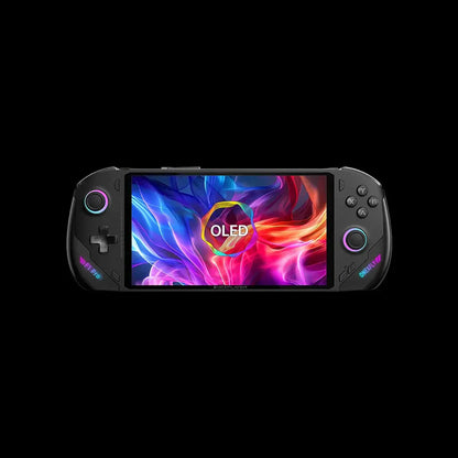 future tech gadgets Canada. smart tech store Canada. ONEXPLAYER OneXFly F1 Pro 2TB OLED 144Hz Ultimate Gaming Handheld Console. Gallery image 3. The handheld gaming device is centered in the frame against a solid black background. The screen displays vibrant, swirling colors of blue, pink, and orange, with the word "OLED" prominently featured in the center.