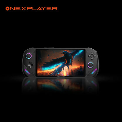 future tech gadgets Canada. smart tech store Canada. ONEXPLAYER OneXFly F1 Pro 2TB OLED 144Hz Ultimate Gaming Handheld Console. Gallery image 2. The handheld gaming console is centered in the frame against a black background, showcasing its sleek design. The screen displays a vibrant image of a bird with blue and orange accents, suggesting an action-packed game scene.