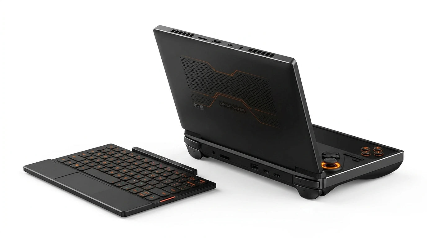 future tech gadgets Canada. wireless audio Canada. ONEXPLAYER G1 2TB AMD Ryzen™ AI 9 HX 370 Ultimate Gaming Handheld Gaming Console Versatile Laptop. Gallery image 8. The image features a sleek, black gaming laptop positioned at an angle, showcasing its rear and side. The laptop has a textured surface with orange accents and a distinctive design on the back. Next to it lies a compact keyboard, also in black, with illuminated orange lettering.