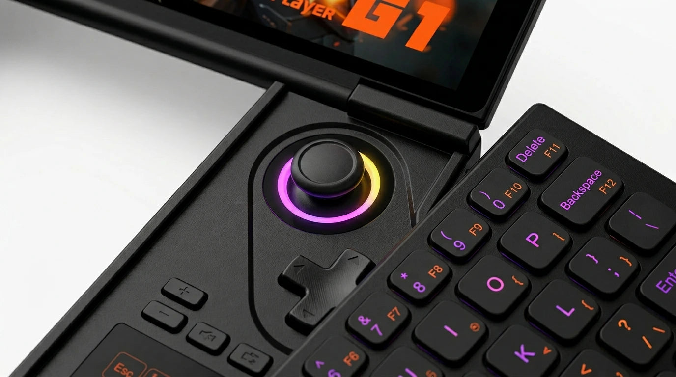future tech gadgets Canada. wireless audio Canada. ONEXPLAYER G1 2TB AMD Ryzen™ AI 9 HX 370 Ultimate Gaming Handheld Gaming Console Versatile Laptop. Gallery image 9. The image features a gaming controller and keyboard combination, angled slightly to the right. The controller has a central joystick with a colorful LED ring, transitioning from purple to yellow, and is surrounded by a textured black surface.