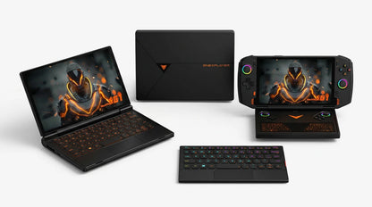 future tech gadgets Canada. wireless audio Canada. ONEXPLAYER G1 2TB AMD Ryzen™ AI 9 HX 370 Ultimate Gaming Handheld Gaming Console Versatile Laptop. Gallery image 10. A sleek, black gaming laptop is positioned at the center, partially open to reveal a vibrant screen displaying a character in a futuristic suit with glowing orange accents. To the right, a handheld gaming device mirrors the laptop's design, also showcasing the same character on its screen.