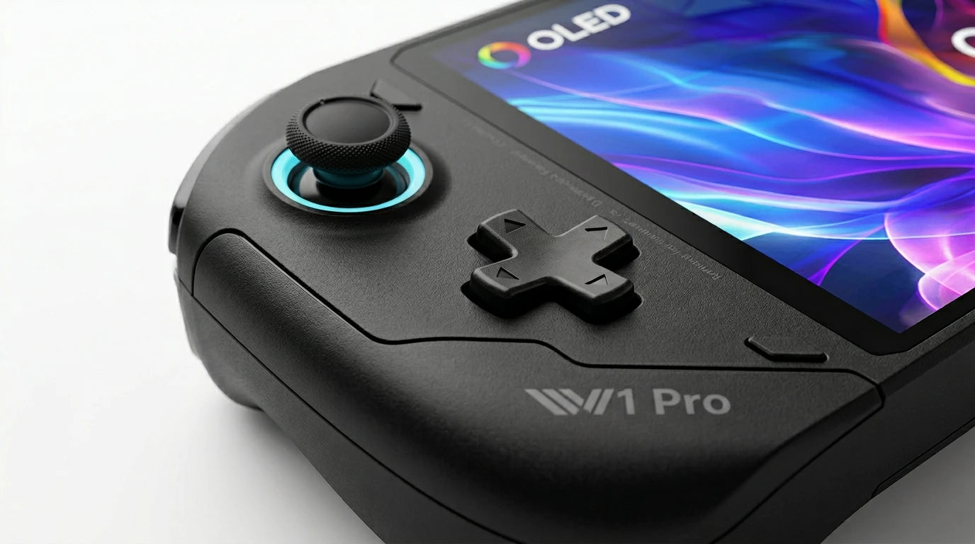 future tech gadgets Canada. smart tech store Canada. ONEXPLAYER OneXFly F1 Pro 2TB OLED 144Hz Ultimate Gaming Handheld Console. Gallery image 5. Lines name one specific SKU—never substitute a generic lookalike from the category. After review passes, each render should still read as a fresh studio viewpoint of that same physical unit.