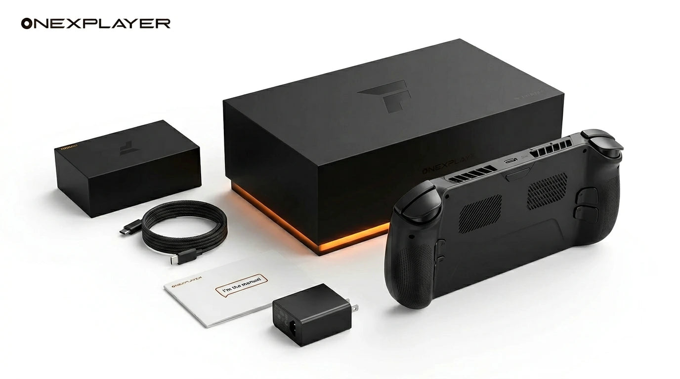 future tech gadgets Canada. smart tech store Canada. ONEXPLAYER OneXFly F1 Pro 2TB OLED 144Hz Ultimate Gaming Handheld Console. Gallery image 6. Lines name one specific SKU—never substitute a generic lookalike from the category. After review passes, each render should still read as a fresh studio viewpoint of that same physical unit.
