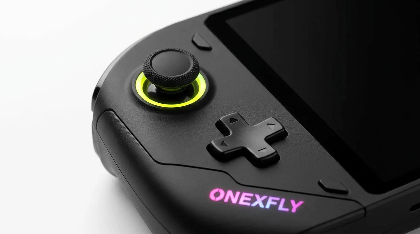 future tech gadgets Canada. smart tech store Canada. ONEXPLAYER OneXFly F1 Pro 2TB OLED 144Hz Ultimate Gaming Handheld Console. Gallery image 9. Lines name one specific SKU—never substitute a generic lookalike from the category. After review passes, each render should still read as a fresh studio viewpoint of that same physical unit.