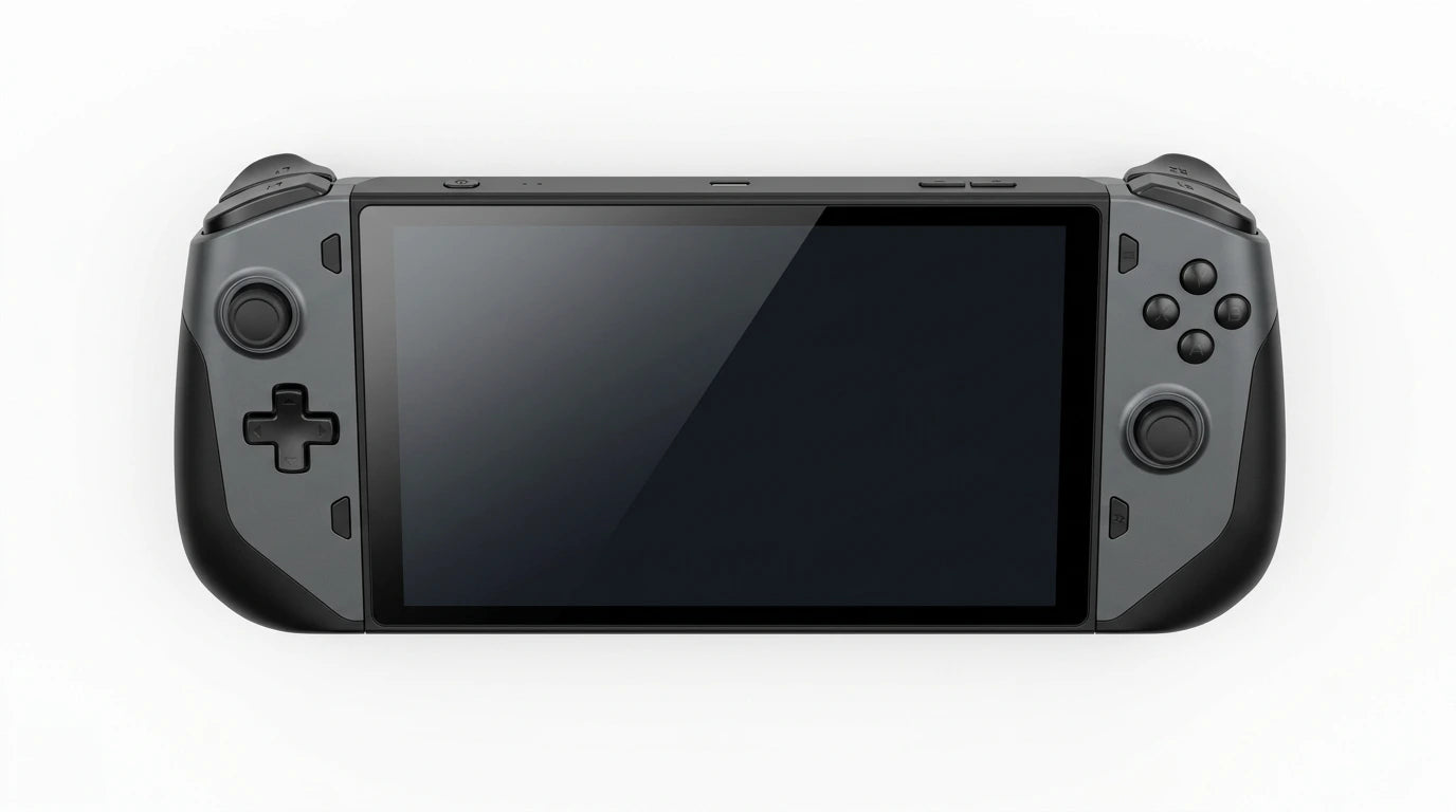 future tech gadgets Canada. gaming handheld PC Canada. ONEXPLAYER X1 PRO 2TB AMD Ryzen™ AI 9 HX 370, 10.95'' 3-In-1 Gaming Handheld PC. Gallery image 4. The product is centered in the frame, showing a handheld gaming console from a top-down perspective. The console features a sleek, matte black finish with a large, glossy screen in the center.