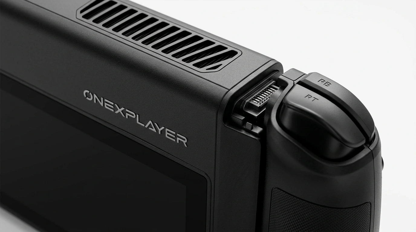 future tech gadgets Canada. gaming handheld PC Canada. ONEXPLAYER X1 PRO 2TB AMD Ryzen™ AI 9 HX 370, 10.95'' 3-In-1 Gaming Handheld PC. Gallery image 5. The image shows a close-up view of a handheld gaming device, positioned at an angle with the top edge facing slightly towards the camera. The device features a matte black finish, with the brand name "ONEXPLAYER" prominently displayed on the side.