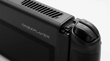 future tech gadgets Canada. gaming handheld PC Canada. ONEXPLAYER X1 PRO 2TB AMD Ryzen™ AI 9 HX 370, 10.95'' 3-In-1 Gaming Handheld PC. Gallery image 5. The image shows a close-up view of a handheld gaming device, positioned at an angle with the top edge facing slightly towards the camera. The device features a matte black finish, with the brand name "ONEXPLAYER" prominently displayed on the side.