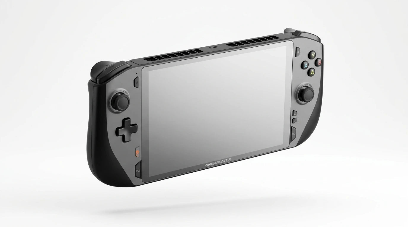 future tech gadgets Canada. gaming handheld PC Canada. ONEXPLAYER X1 PRO 2TB AMD Ryzen™ AI 9 HX 370, 10.95'' 3-In-1 Gaming Handheld PC. Gallery image 7. The handheld gaming console is centered in the frame, floating against a seamless white background. The device features a sleek black body with a matte finish, showcasing a large, glossy touchscreen display that is currently blank.
