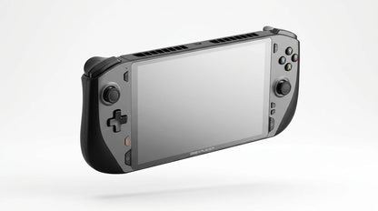 future tech gadgets Canada. gaming handheld PC Canada. ONEXPLAYER X1 PRO 2TB AMD Ryzen™ AI 9 HX 370, 10.95'' 3-In-1 Gaming Handheld PC. Gallery image 7. The handheld gaming console is centered in the frame, floating against a seamless white background. The device features a sleek black body with a matte finish, showcasing a large, glossy touchscreen display that is currently blank.
