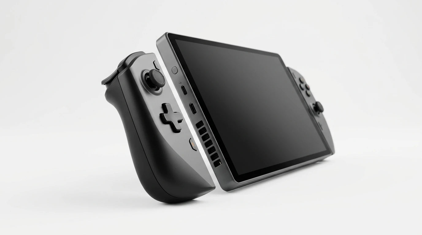 future tech gadgets Canada. gaming handheld PC Canada. ONEXPLAYER X1 PRO 2TB AMD Ryzen™ AI 9 HX 370, 10.95'' 3-In-1 Gaming Handheld PC. Gallery image 8. The gaming console is angled to the right, showcasing its sleek design against a seamless white background. The screen is dark and unlit, while the left side features a black joystick and buttons, with a textured grip. On the right, additional buttons and ports are visible, including USB-C connections.
