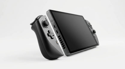 future tech gadgets Canada. gaming handheld PC Canada. ONEXPLAYER X1 PRO 2TB AMD Ryzen™ AI 9 HX 370, 10.95'' 3-In-1 Gaming Handheld PC. Gallery image 8. The gaming console is angled to the right, showcasing its sleek design against a seamless white background. The screen is dark and unlit, while the left side features a black joystick and buttons, with a textured grip. On the right, additional buttons and ports are visible, including USB-C connections.