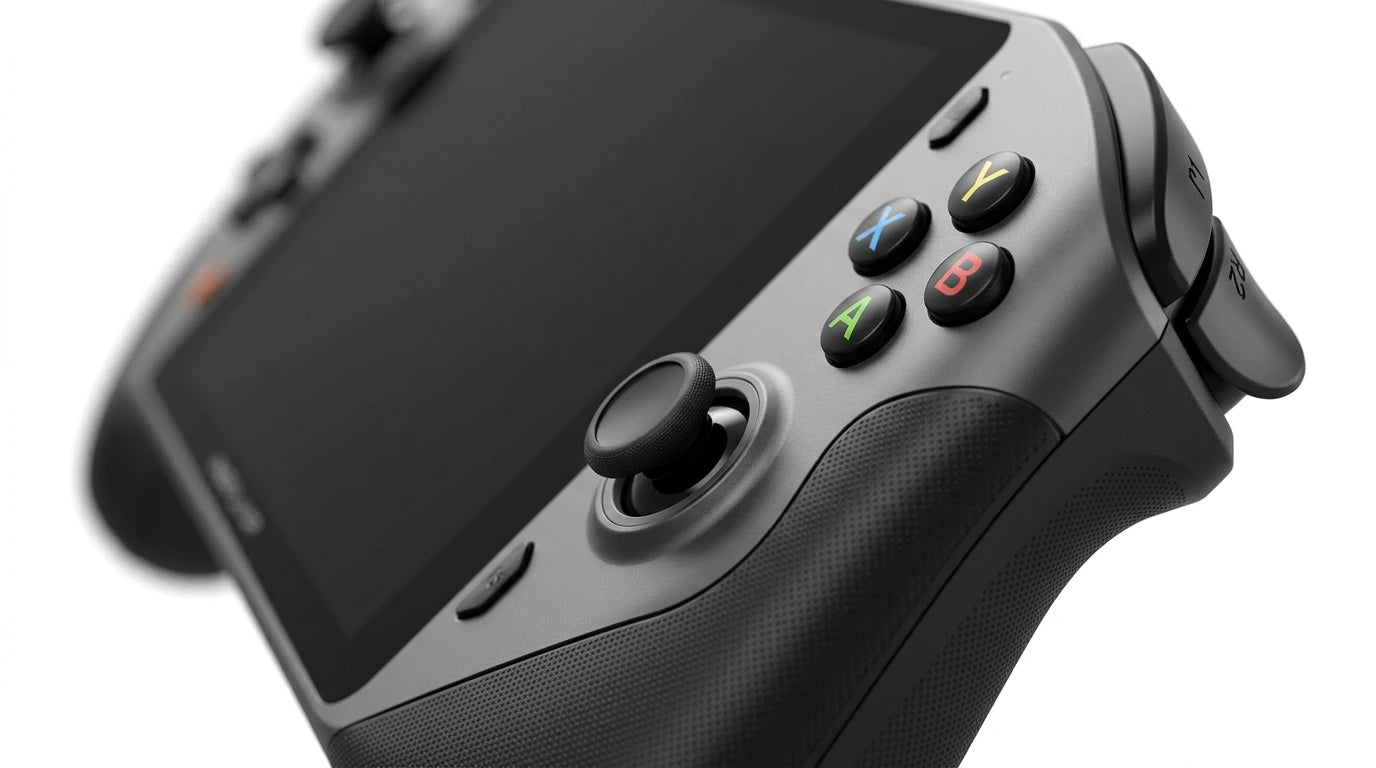 future tech gadgets Canada. gaming handheld PC Canada. ONEXPLAYER X1 PRO 2TB AMD Ryzen™ AI 9 HX 370, 10.95'' 3-In-1 Gaming Handheld PC. Gallery image 9. The image shows a gaming controller angled slightly to the right, with a matte gray body and textured black grips. The controller features a central touchscreen area, surrounded by various buttons, including four colored action buttons labeled A, B, X, and Y, and two thumbsticks.