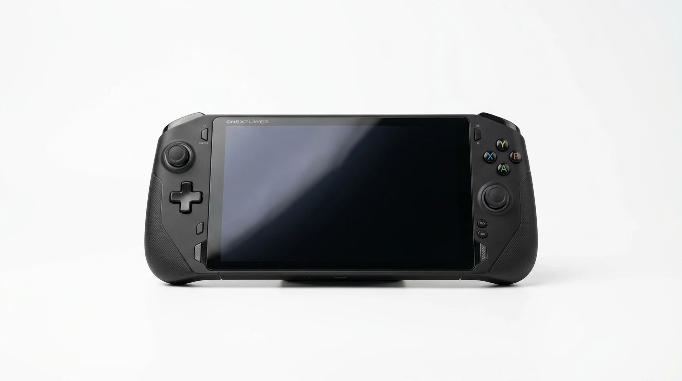 future tech gadgets Canada. gaming handheld PC Canada. ONEXPLAYER X1 PRO 2TB AMD Ryzen™ AI 9 HX 370, 10.95'' 3-In-1 Gaming Handheld PC. Gallery image 10. The product is a handheld gaming console, centered in the frame against a seamless white background. The console features a large, glossy black screen that is currently off, reflecting soft light. On either side of the screen, there are various buttons and analog sticks, with the right side displaying colored buttons labeled X, Y, A, and B.