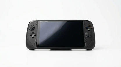 future tech gadgets Canada. gaming handheld PC Canada. ONEXPLAYER X1 PRO 2TB AMD Ryzen™ AI 9 HX 370, 10.95'' 3-In-1 Gaming Handheld PC. Gallery image 10. The product is a handheld gaming console, centered in the frame against a seamless white background. The console features a large, glossy black screen that is currently off, reflecting soft light. On either side of the screen, there are various buttons and analog sticks, with the right side displaying colored buttons labeled X, Y, A, and B.