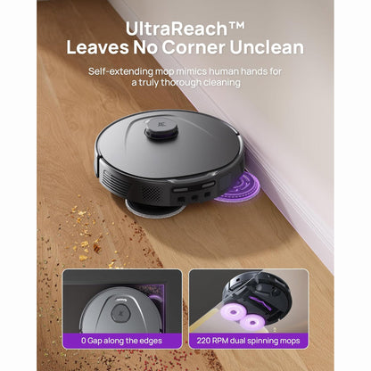 smart tech store Canada. premium tech accessories Canada. 3i Smart Robot Vacuum and Mop (P10 Ultra). Gallery image 3. A sleek, round robotic mop is positioned on a wooden floor, angled slightly towards the viewer. The mop features a glossy black body with a central rotating mechanism and visible buttons on the side. Soft purple lights illuminate the dual spinning mop pads, highlighting their cleaning action.