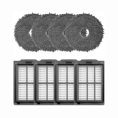 smart tech store Canada. premium tech accessories Canada. 3i P10 Ultra Accessory Kit. Gallery image 1. Four round, gray cleaning pads with textured surfaces are arranged in a row at the top of the image. Below them, there are three rectangular filter units with a black frame and a white, pleated interior, positioned side by side. The background is plain white, emphasizing the products. The lighting is bright and even, highlighting the details of the textures and materials.