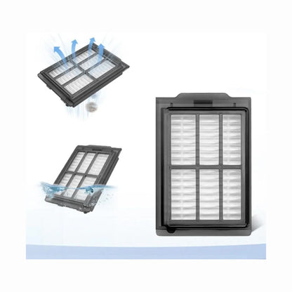 smart tech store Canada. premium tech accessories Canada. 3i P10 Ultra Accessory Kit. Gallery image 2. The image features a rectangular air filter positioned centrally against a light blue background. The filter has a black plastic frame with a grid pattern of white filter material visible through the frame. To the left, a second filter is shown at an angle, suggesting motion, with blue arrows indicating airflow.