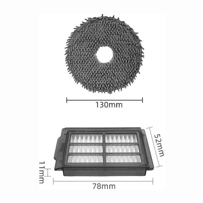 cutting edge electronics online Canada. smart tech store Canada. 3i S10 Ultra Accessory Kit. Gallery image 1. A round, textured cleaning pad in a dark gray color is centered in the image, measuring 130mm in diameter. Below it, a rectangular filter sits, featuring a black frame with a white interior that has multiple pointed ridges, measuring 78mm wide and 52mm tall. The background is plain and light, allowing the products to stand out clearly.