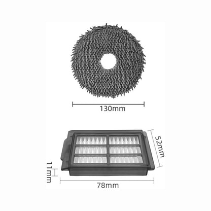 smart tech store Canada. premium tech accessories Canada. 3i P10 Ultra Accessory Kit. Gallery image 3. A round, textured cleaning pad is centered in the image, featuring a dense, fuzzy surface with a central hole, measuring 130mm in diameter. Below it, a rectangular filter sits at an angle, displaying a grid pattern with raised triangular sections, measuring 78mm wide and 52mm tall. The background is plain white, allowing the products to stand out clearly.